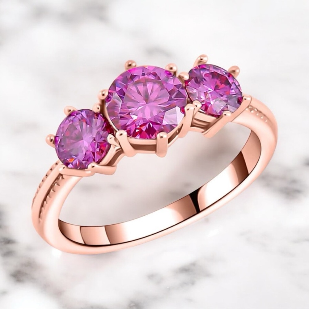 *RARE* Pink Moissanite Trilogy Ring in Rose Gold over Sterling Silver